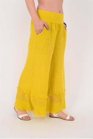 Eren Style İtalyan Fisto Paça Detaylı Keten Pantolon-9893 Sarı
