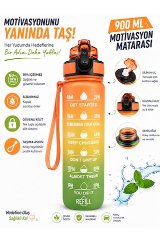 900 Ml Motivasyon Matarası Sızdırmaz, Kilitli, Silikon Uçlu, Taşıma Askılı, Geniş Ağızlı Su Matarası Turuncu
