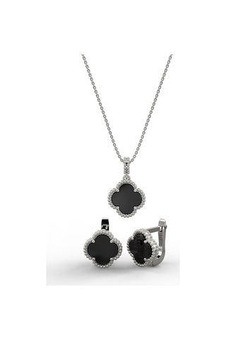 Erdobia 925 Ayar Oniks Taşlı Rodyum Yonca Kolye Küpe 2'li Gümüş Set-takım