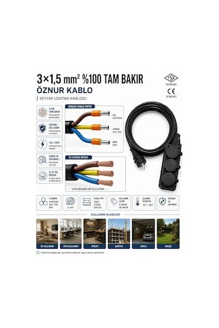 Öznur Kablo Seyyar Uzatma Kablosu 30 Metre Ttr 3x1,5 Mm %100 Tam Bakır Kablo Seldur 3'lü Kauçuk Grup Priz Orel Kauçuk Fiş Ip54 Ip44 30 M