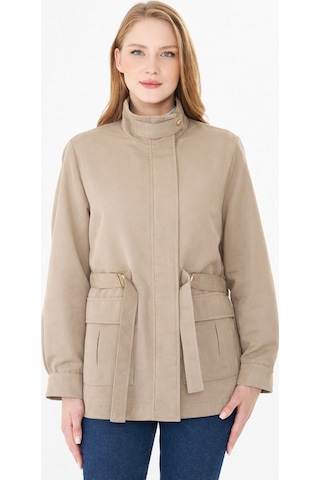 Pıque Kadın Mont Dik Yaka Rahat Kalıp Orta Boy Trençkot Büyük Kalıp Bej