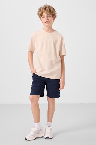 Bej-lacivert Pamuklu Oversize Fit Dokuma Hafif Esnek Chino Erkek Çocuk Şort Takım - 11277 Bej