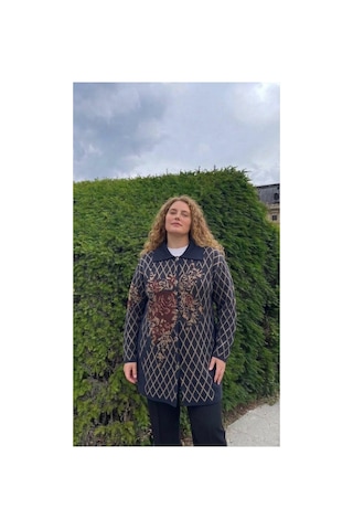 Onno Style Women Büyük Beden Ekose Gül Pike Desenli Çelik Örgü Kadın Triko Kaban Lacivert