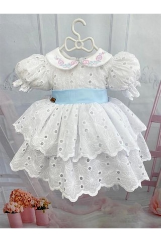 Beyaz Mavi Kemerli Vintage Elbise, Özel Dikim Çocuk Elbisesi, Doğum Günü Elbisesi,0-12 Yaşa Uygun Beyaz