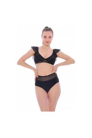 Markahit Argisa Düz Fırfırlı Yüksek Bel Yeni Bikini Siyah
