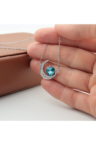 Pigado Paslanmaz Çelik Kalpli Kristal Taşlı Ayyıldız Çelik Kolye Gri