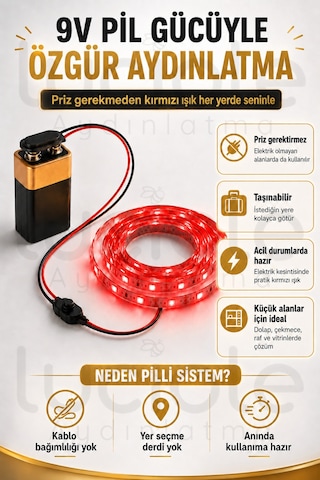 2 Metre Kırmızı 9v Pilli Anahtarlı Şerit Led Set Pil Dahil Prizsiz Yapışkanlı Dolap Raf Işığı