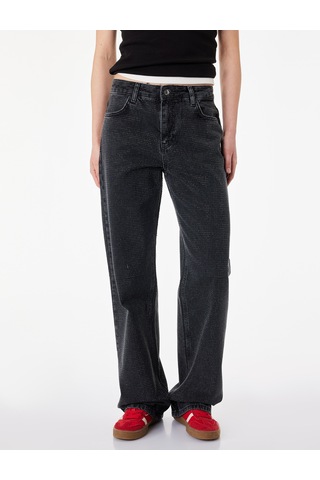 Koton Düz Paça Normal Bel Taş Detaylı Pamuklu Denim Pantolon - Straight Fit Jean Siyah 6sal40158md Siyah