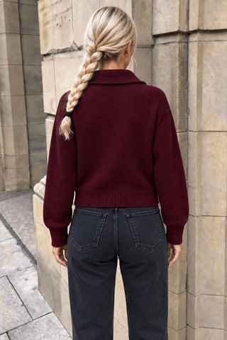 Cool Tarz Kadın Stardart Beden Çift Fermuarlı Dik Yaka Crop Triko Hırka Bordo Bordo