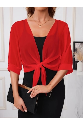 Defymoda Kadın Truvakar Kollu Önden Bağlamalı Kısa Şifon Bolero Ceket Kırmızı