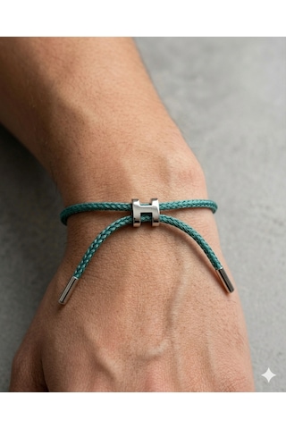Unisex H Model Silver Renk Çelik Detay Orman Yeşili İp Bileklik Yeşil