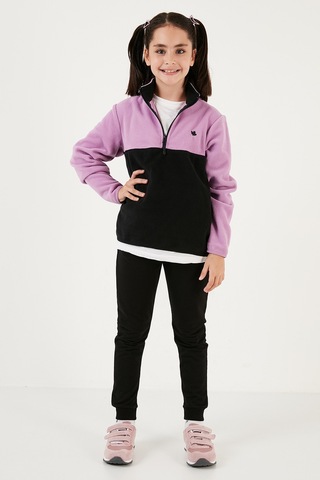 Lela Yumuşak Dokulu Yarım Fermuarlı Renk Bloklu Dik Yaka 2'Li Paket Çocuk Polar 5905004S2 Lila Siyah-Somon Gri