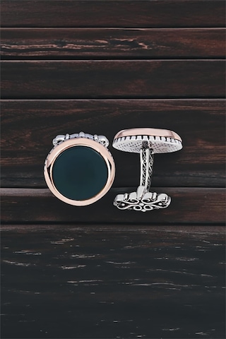 Gümüş Yeşil Akik Taşlı Yuvarlak Kol Düğmesi