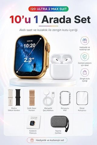 2.3 İnç Geniş Ekranlı Akıllı Saat Ve Kablosuz Kulaklık 10 Parça Aksesuar Seti