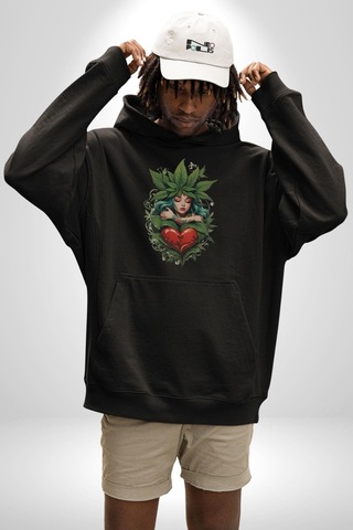 Kalp Parmak Kız Yeşillik Mutluluk Kadın Erkek Siyah Kapüşonlu Sweatshirt Hoodie Siyah