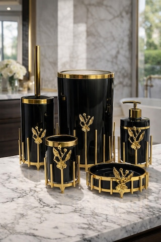 Makri Home Gold Kaplama Metal Stantlı 5 Parça Mermer Desenli Ve Düz Renk Seçenekli Banyo Aksesuar Takımı Siyah