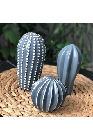 Thiramis Dekoratif 3'lü Kaktüs Gri Beyaz Detay