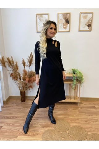Nnstartshopping Kadın Uzun Kollu Balıkçı Yaka Omuzda Damla Detaylı Yırtmaçlı Krep Midi Elbise Siyah