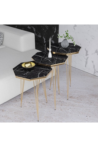 Zigon Sehpa 3'lü Sekizgen Takım Altın Tel Ayaklı Siyah Mermer-Gold