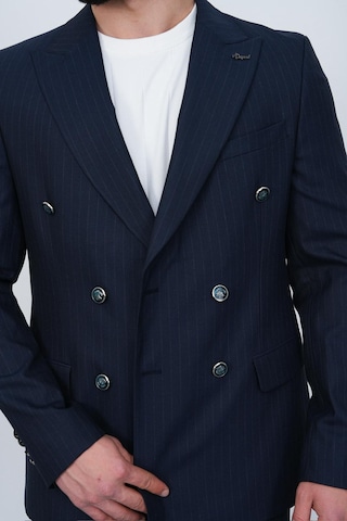 Dupont Classics Dupont Slim Fit Sivri Yaka 6 Drop Çift Yırtmaç Çizgili Viskon Kruvaze Erkek Takım Elbise Açık Lacivert