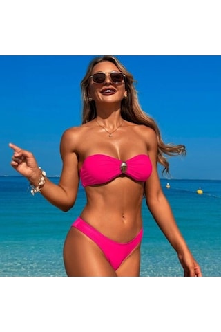 Yingfu 2 Adet Kadın Mayo Seti Bandeau Dolgulu Telsiz Sütyen Yüksek Bel Yüzme Siyah Siyah