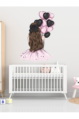 Çocuk Odası Pembe Elbiseli, Pembe Siyah Balonlu Kız Cam, Duvar Sticker