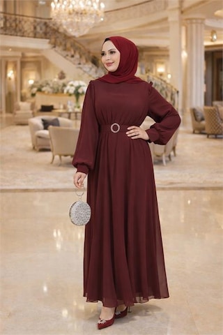 Neşeli Butik Kadın Bordo Tül Kumaş Kemer Detaylı Büyük Beden Tesettür Elbise Nbft006 Bordo