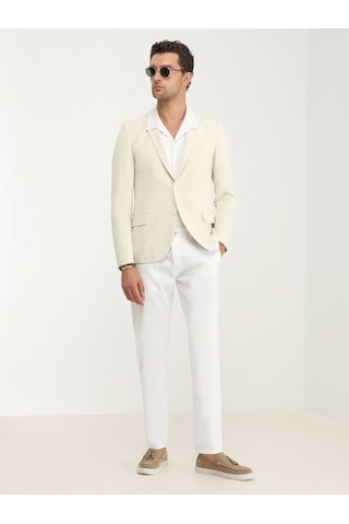 Kip Ekru Düz Slim Fit Örme Ceket 001