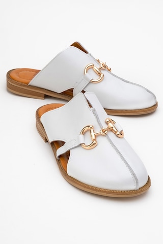 Luvishoes Luvi Shoes Favor Beyaz Cilt Hakiki Deri Tokalı Önü Kapalı Kadın Terlik Beyaz