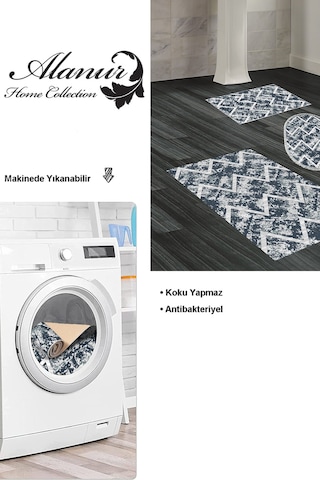 Dekoreko Kaymaz Taban Djt 3 Lü Banyo Paspas Takımı Yıldız Deri Karışık Iskandinav F5128 Mavi