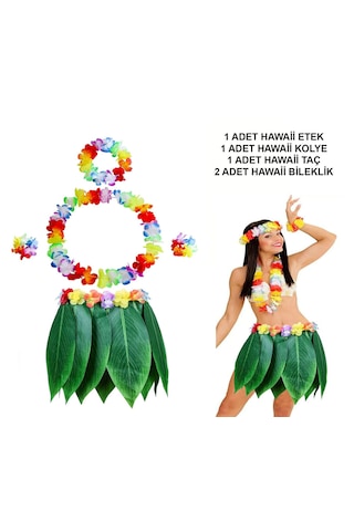 Yetişkin Hawaii Kostüm Seti - Yaprak Etek & Amp Hawaii Set - 5 Parça "