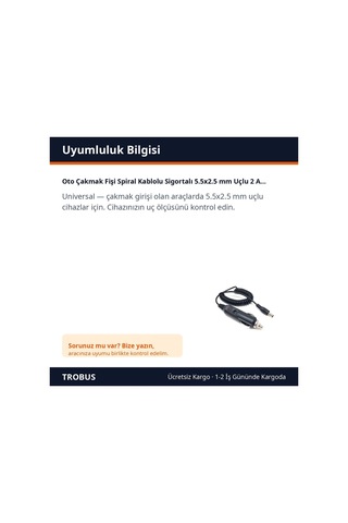 Trobus Oto Çakmak Fişi Spiral Kablolu Sigortalı 5.5x2.5 Mm Uçlu 2 A 1,3 M