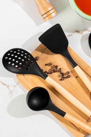 Porsima 3168 Ahşap Silikon 4 Parça Servis Takımı Seti Siyah Siyah