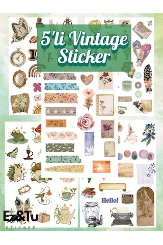 5'li Vintage Sticker Planner Ajanda Bullet Journal Için Uygun Set 93 Adet Stıcker Etiket Çok Renkli