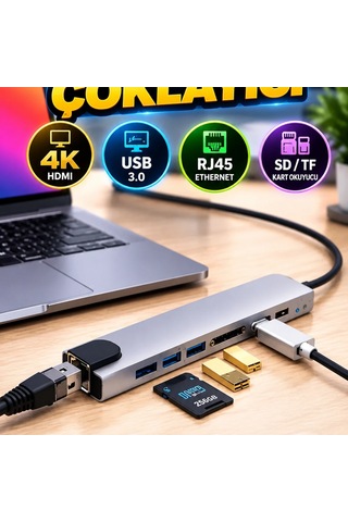 8 Port Type-c Çoklayıcı 4k Hdmı, Usb, Rj45 Ethernet, Sd Ve Tf Kart Okuyucu