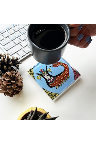 Cam Bardak Altlığı Klasik Şahmeran 4'lü Takım 10cm X 10cm Beyaz