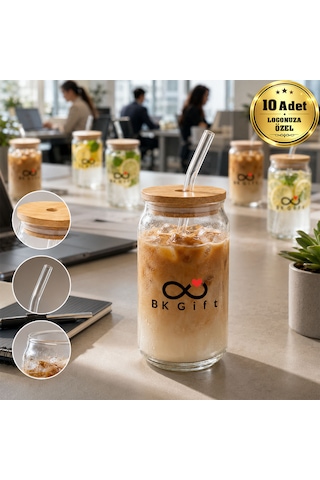 Logonuza Özel 10 Adet Bambu Kapaklı Pipetli Cam Bardak 540 Ml Şeffaf