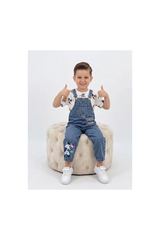 Nota Kids Baskılı Çocuk Kot Salopet Trend 2 Parça Kombin 3-6 Yaş Çok Renkli