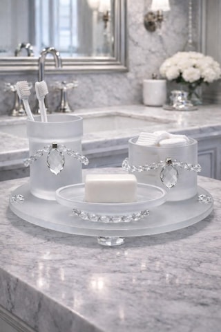Modern Kristal Detaylı 4 Lü Tepsili Banyo Aksesuar Seti Beyaz