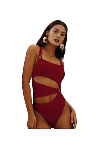 Kadın Monokini Dolgulu Balenli Düz Renk Kare Yaka Tek Parça Bikini İçi Boş Tasarımlı Plaj Tatil Mayosu Şarap Kırmızısı