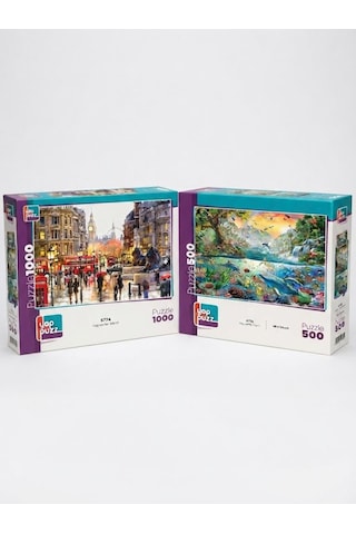 Londra Aslanı Ve Hayvanlar Alemi İkili Set - 1000 + 500 Parça İkili Puzzle Seti