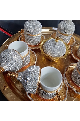 Ers 8'li Gold Beyaz Kristal Taşlı Lokumluk Kahve Fincanı Set Diğer
