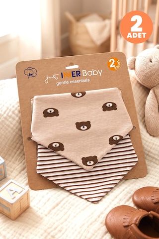 Just Inner Erkek Bebek 2'li Pamuklu Üçgen Fular Önlük Ayıcık ve Çizgili Desenli Çıtçıtlı Çift Katlı 584402 Bej