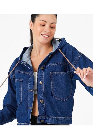 7004-kps Kadın Kapüşonlu Düğmeli Jeans Denim Kot Ceket Siyah