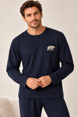 Free Beka Erkek Nakışlı Lacivert Uzun Kollu Penye Kumaş Mevsimlik Pijama Takımı Gri