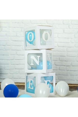 Şeffaf E Harfli Beyaz Kutu ve Balon Seti Kendin Yap Bebek Çocuk Doğum Günü Süsleme