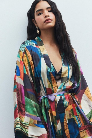 Fumée Coloré Desenli Kısa Saten Sabahlık / Kimono Çok Renkli