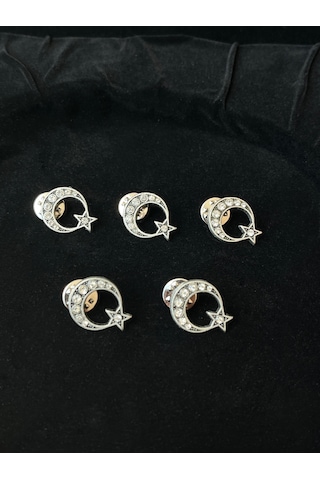 Taş İşlemeli Ay-yıldız Rozeti Gümüş 5'li Gümüş