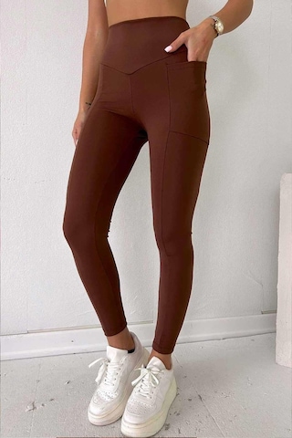 Mine Tan Butik Yanı Cepli Toparlayıcı Yüksek Bel Likralı Spor Tayt - Koyu Kahve Kahverengi