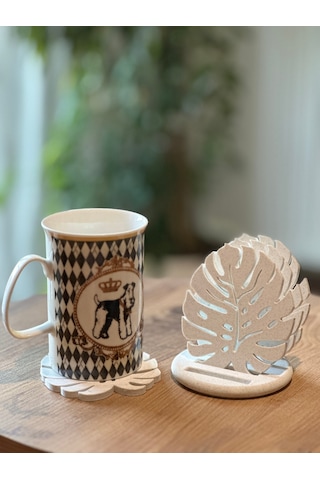 Monstera Modern Dekoratif Bardak Altlığı 4'lü Set Ve Standı - Mermer Beyazı Mermer